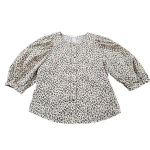 H & M Women's Button Up Blouse Half Puff Sleeves Floral 100% Cotton Demure M